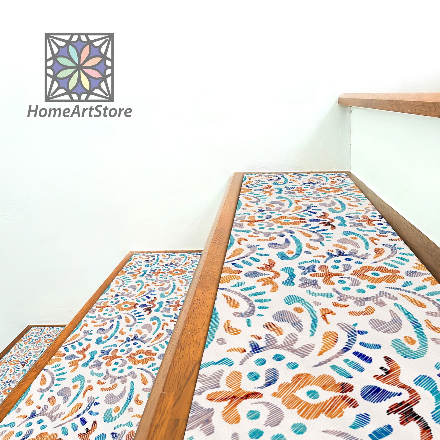 Turkish Motif Stair Rugs, Colorful Embroidered Carpet, Bohemian Stair Step Mats, Boho Style Decor, Decorative Abstract Step Mat