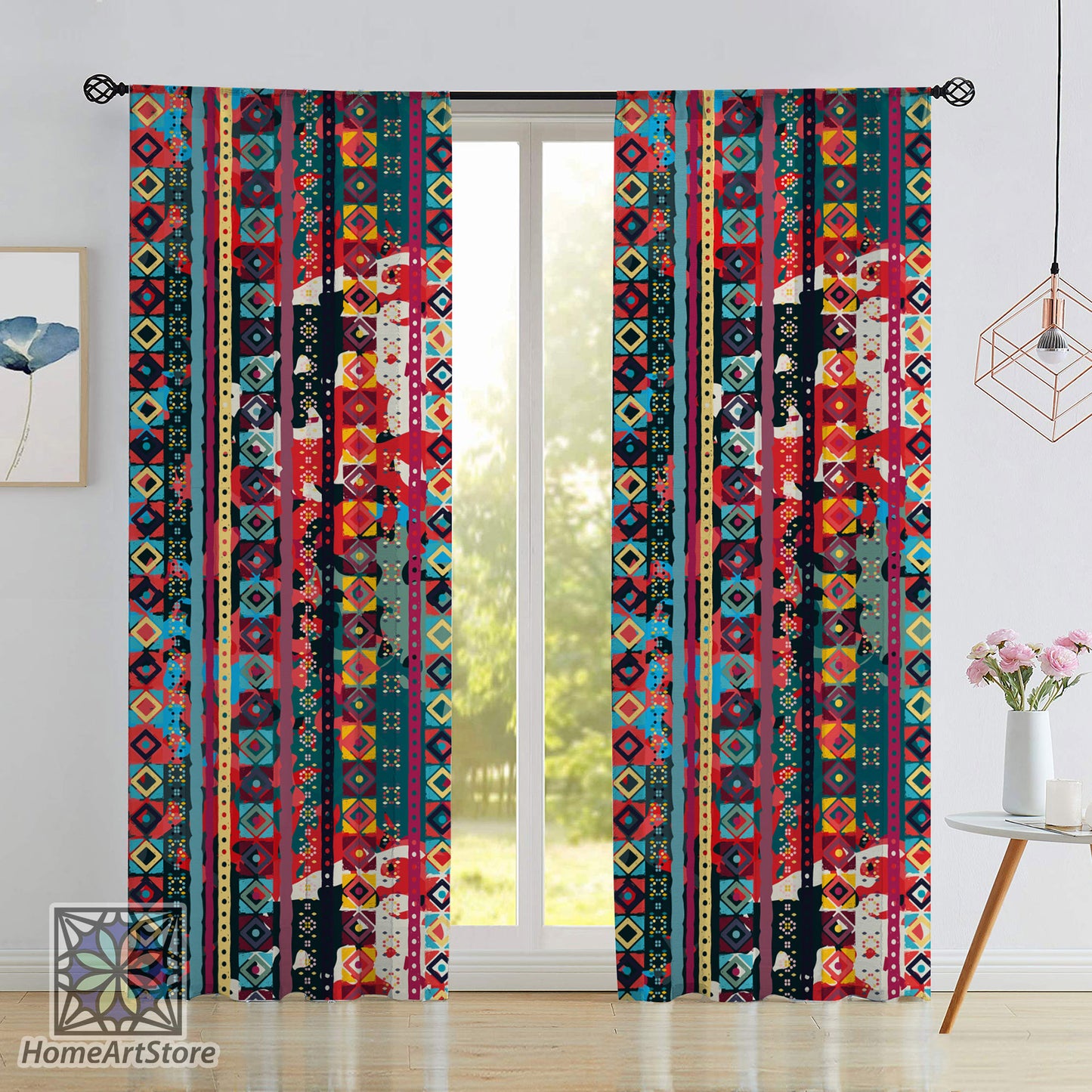 Ethnic Boho Style Curtain, Tribal Decor, Bohemian Curtain, Living Room Curtain, Colorful Patchwork Curtain