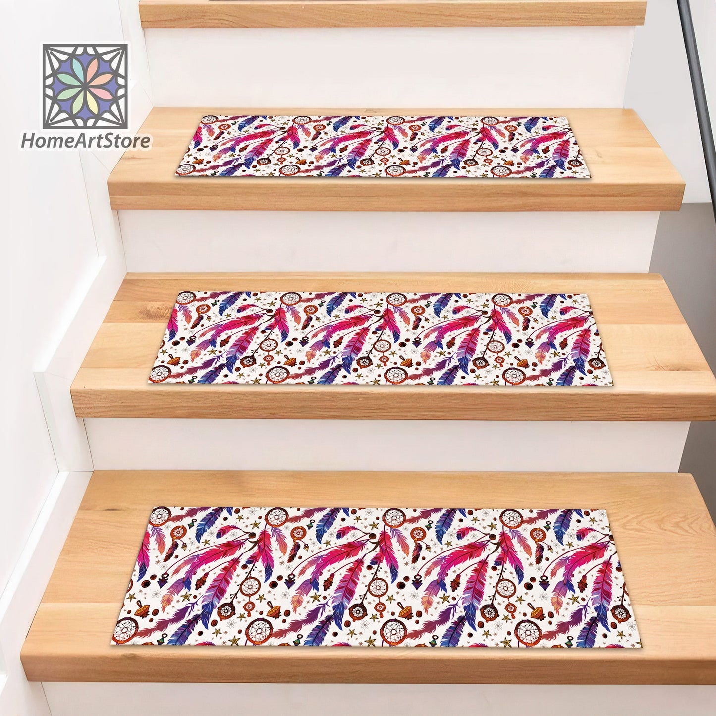 Ethnic Feather Pattern Stair Rugs, Stylish Stair Mats, Modern Stair Tread Carpet, Modern Step Rug