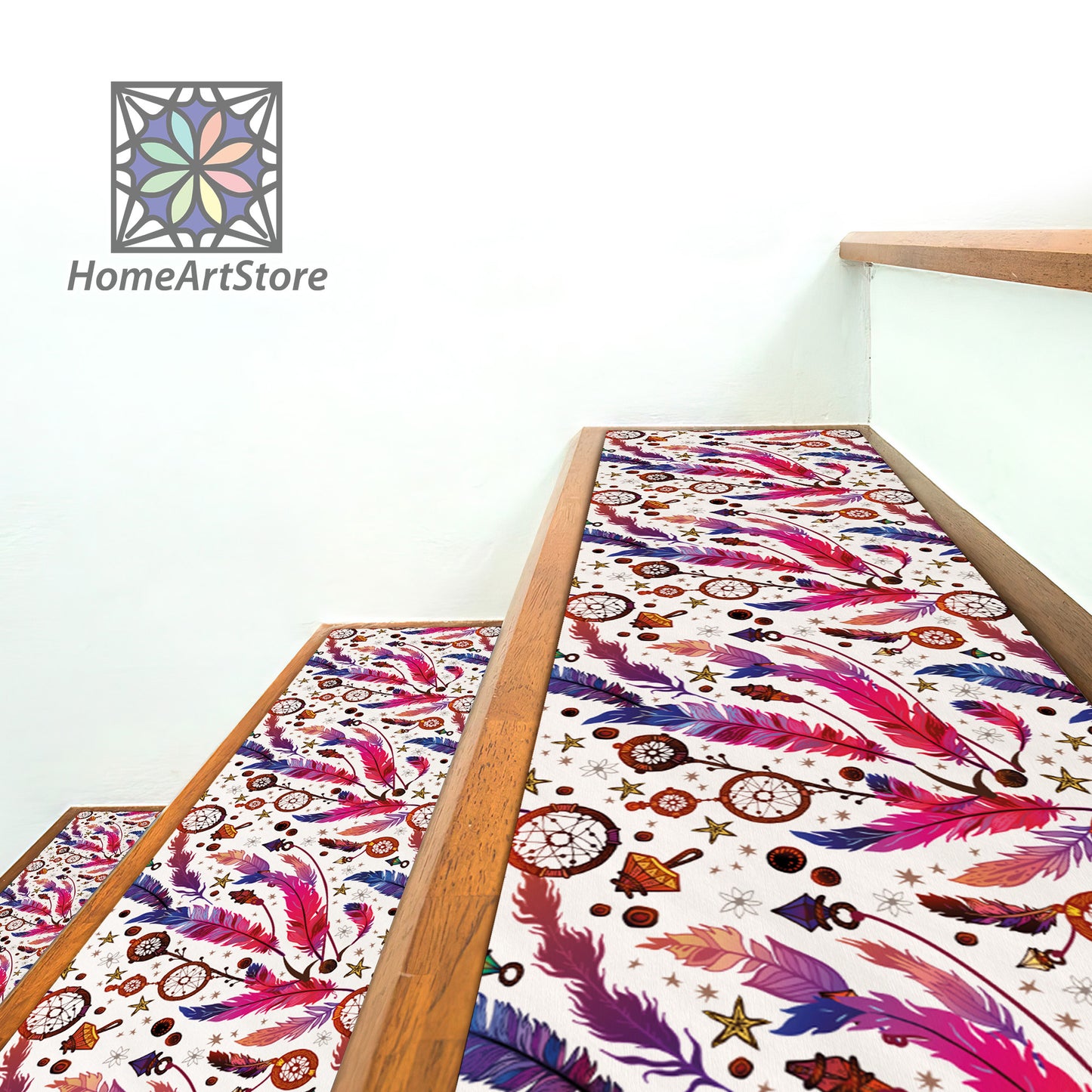Ethnic Feather Pattern Stair Rugs, Stylish Stair Mats, Modern Stair Tread Carpet, Modern Step Rug