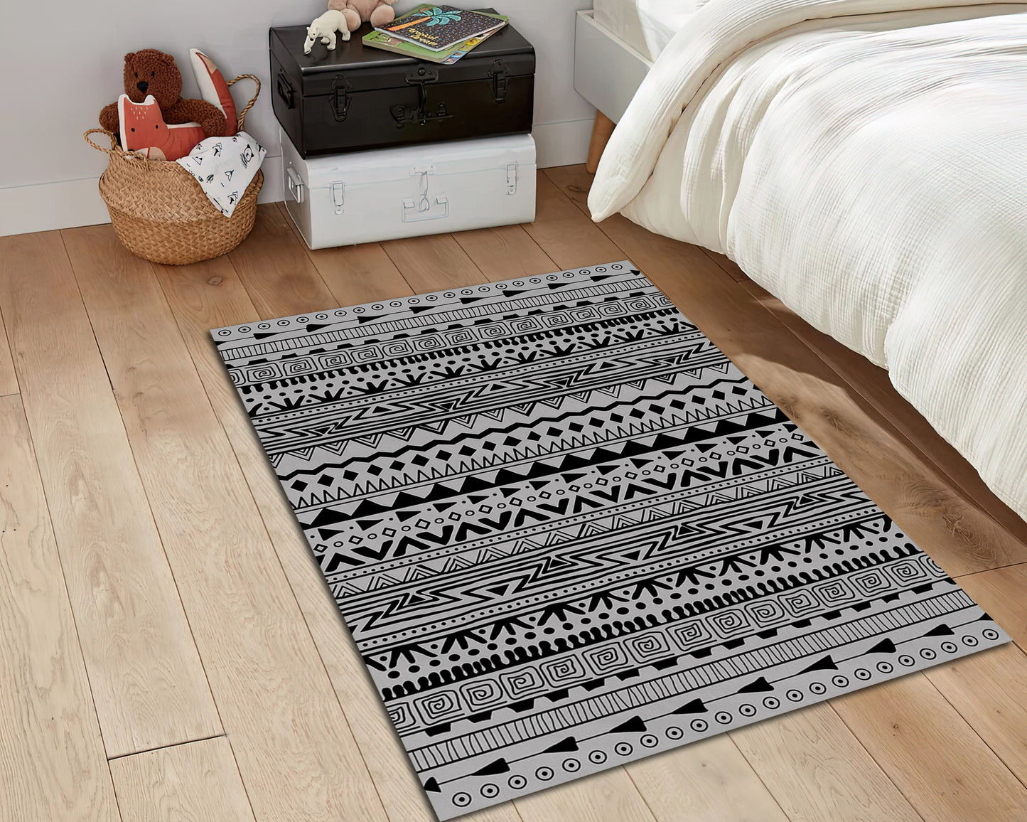 Ethnic Rug, Black and White Tribal Carpet, Aztec Decor, Living Room Mat, Bohemian Rug