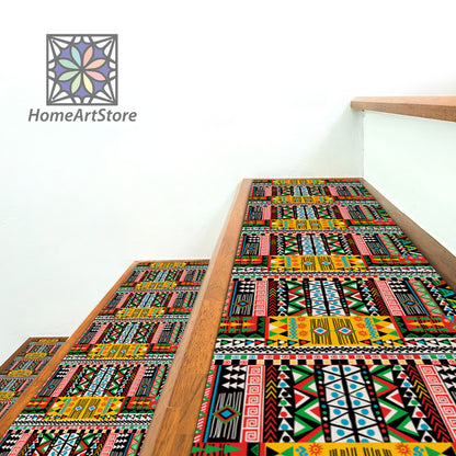 Colorful Patchwork Stair Rugs, Ethnic Motif Pattern Step Mats, Tribal Stair Tread Carpet, Aztec Stair Step Mat