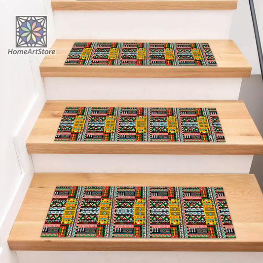 Colorful Patchwork Stair Rugs, Ethnic Motif Pattern Step Mats, Tribal Stair Tread Carpet, Aztec Stair Step Mat