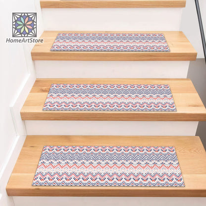 Colorful Ethnic Stair Rugs, Geometric Pattern Stair Tread Mats, Tribal Step Carpet, Bohemian Decor