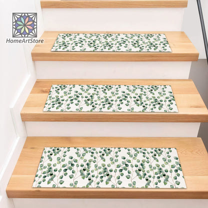 Eucalyptus Leaf Pattern Stair Rugs, Green Stair Rug, Boho Stair Treads Mats, Floral Stair Carpet, Nonslip Washable Step Mat, Tropical Home Decor