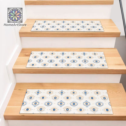 Evil Eye Pattern Stair Rug, Boho Stair Treads Carpet, Witchcraft Stair Step, Machine Washable, Non-Slip Backing, Stylish Stair Tread