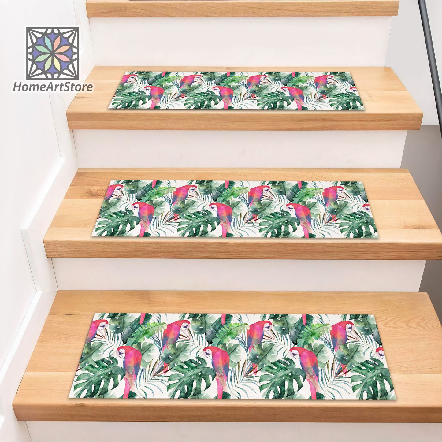 Exotic Floral Pattern Stair Rugs, Parrot Themed Step Mats, Tropical Leaves Decor, Boho Stair Carpet, Hawaiian Stair Rugs