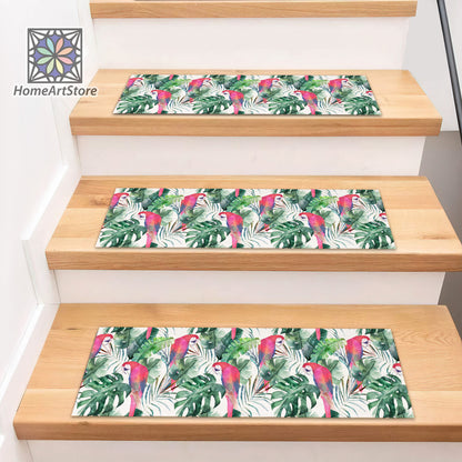 Exotic Floral Pattern Stair Rugs, Parrot Themed Step Mats, Tropical Leaves Decor, Boho Stair Carpet, Hawaiian Stair Rugs