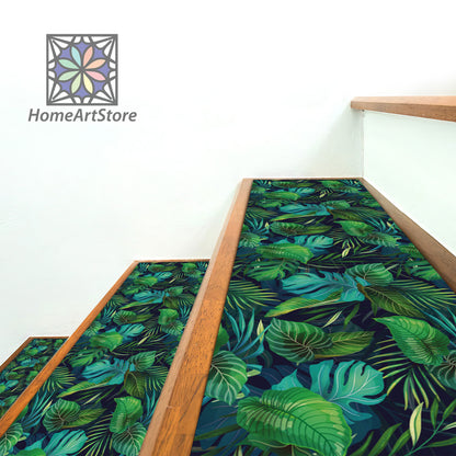 Exotic Leaves Pattern Stair Rugs, Tropical Stair Mats, Green Color Modern Stair Step Carpet, Hawaii Jungle Decor, Leaf Pattern Mat