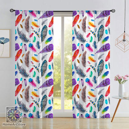 Colorful Feathers Pattern Curtain, Living Room Curtain, Boho Style Curtain, Bathroom Curtain, Minimal Home Decor