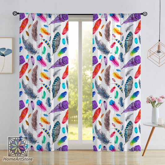 Colorful Feathers Pattern Curtain, Living Room Curtain, Boho Style Curtain, Bathroom Curtain, Minimal Home Decor