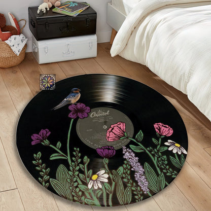 Record Shaped Rug, Bird Themed Carpet, Floral Mat, Minimalist Home Decor, Flower Rug