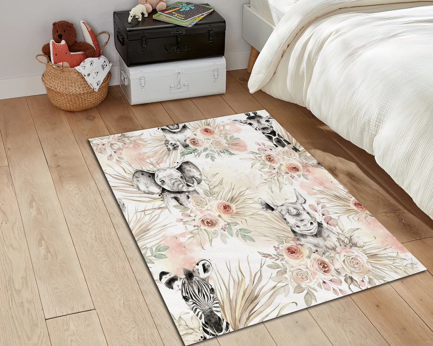 Cute Animals Nursery Rug, Baby Room Carpet, Floral Pattern Mat, Baby Shower Decor, Baby Gift