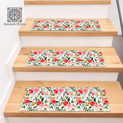 Floral Pattern Stair Rugs, Boho Style Decor, Modern Stair Step Carpet, Minimal Step Rugs