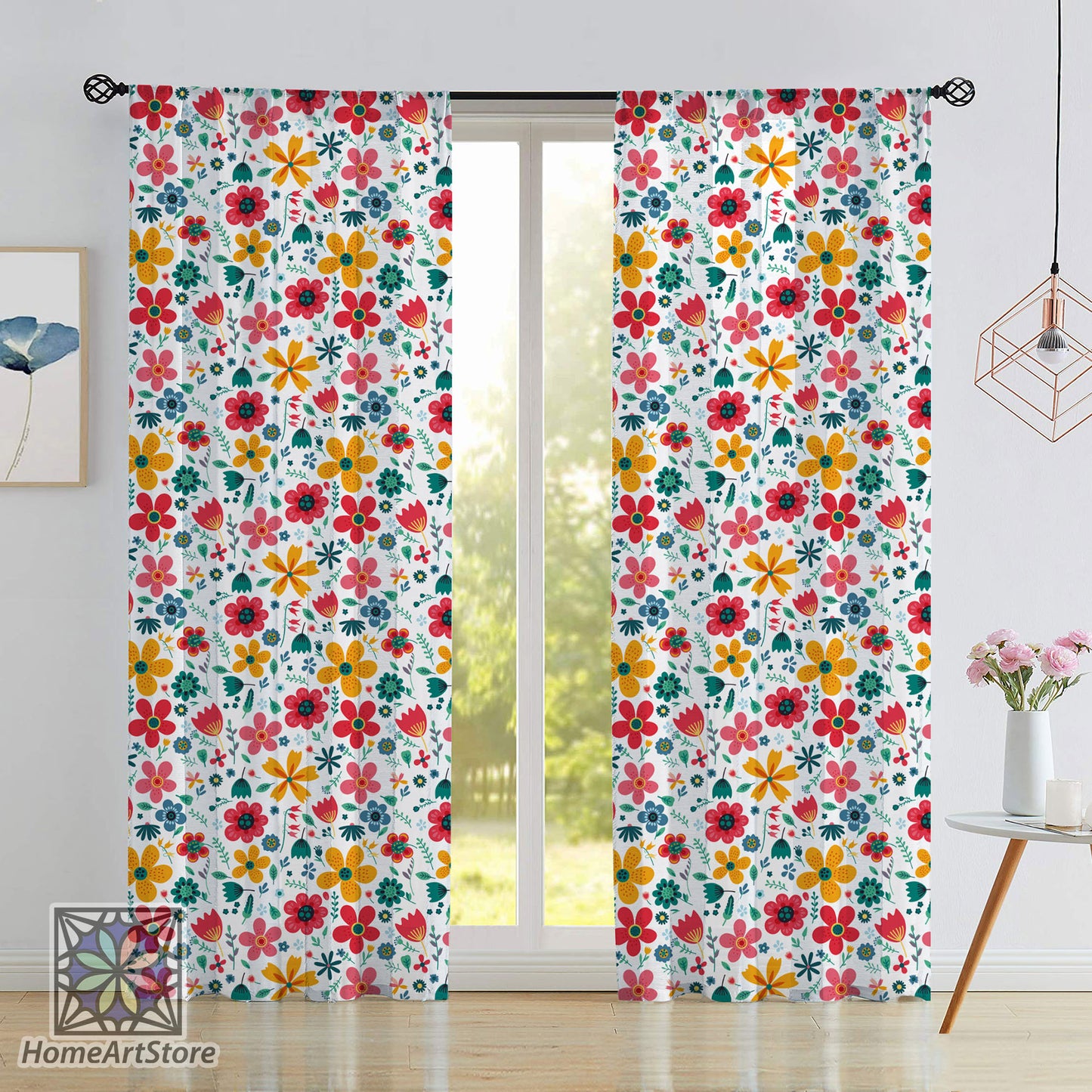 Tropical Floral Pattern Curtain, Colorful Flower Curtain, Living Room Curtain, Bohemian Decor