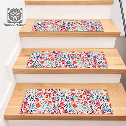 Floral Pattern Stair Rugs, Flower Stair Treads Mats, Non-slip Backing Carpet, Bohemian Home Decor