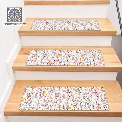 Colorful Floral Stair Step Rug, Botanical Flower Stair Carpet, Blooming Patterned Stair Mats, Modern Stair Rugs