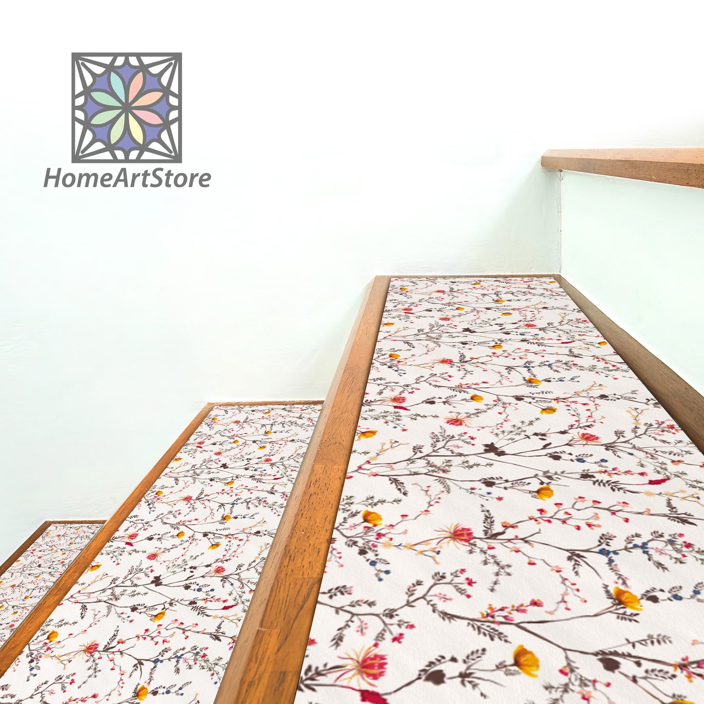 Colorful Floral Stair Step Rug, Botanical Flower Stair Carpet, Blooming Patterned Stair Mats, Modern Stair Rugs