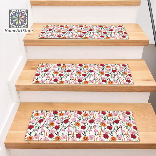 Colorful Flower Pattern Stair Rugs, Blooming Stair Carpet, Boho Style Stair Mats, Stylish Step Rug, Easy to Clean