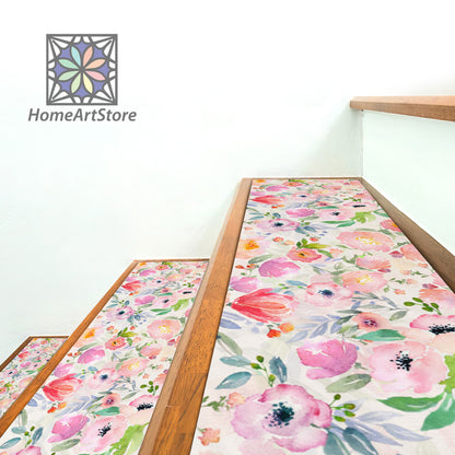 Pink Flower Pattern Stair Rugs, Boho Stair Treads Mats, Floral Stair Carpet, Nonslip Step Mat, Bohemian Decor