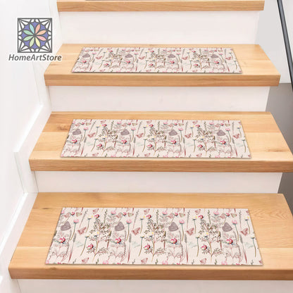 Flower and Butterfly Pattern Stair Rug, Authentic Stair Mats, Plants Pattern Stair Step Mat, Machine Washable Stair Mat
