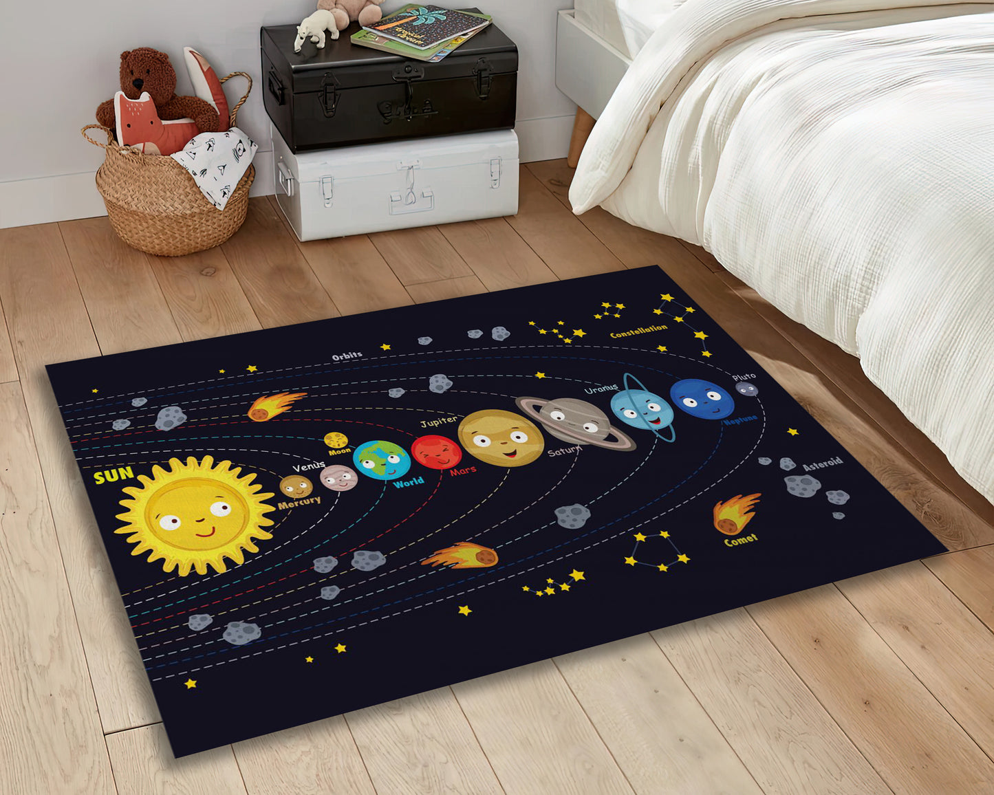 Planets Themed Rug, Galaxy Carpet, Orbits Decor, Nursery Play Mat, Solar System Rug, Kids Room Carpet