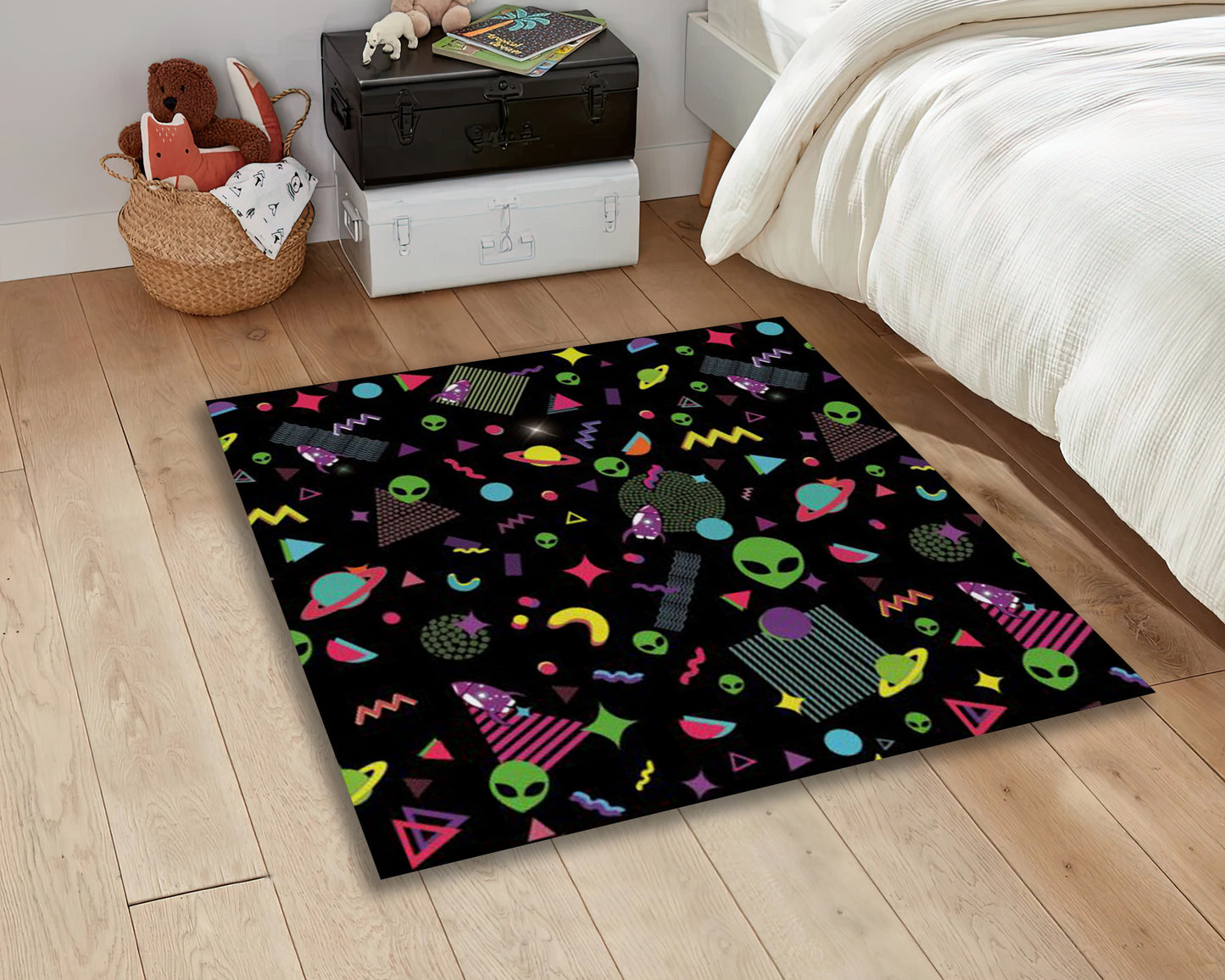 Space Arcade Game Rug, Alien Patterned Gamer Carpet, Galaxy Gaming Mat, Play Room Decor