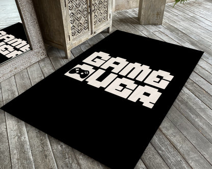 Game Over Text Rug, Game Controller Carpet, Black Gaming Mat, Game Room Decor, Gift for Gamer