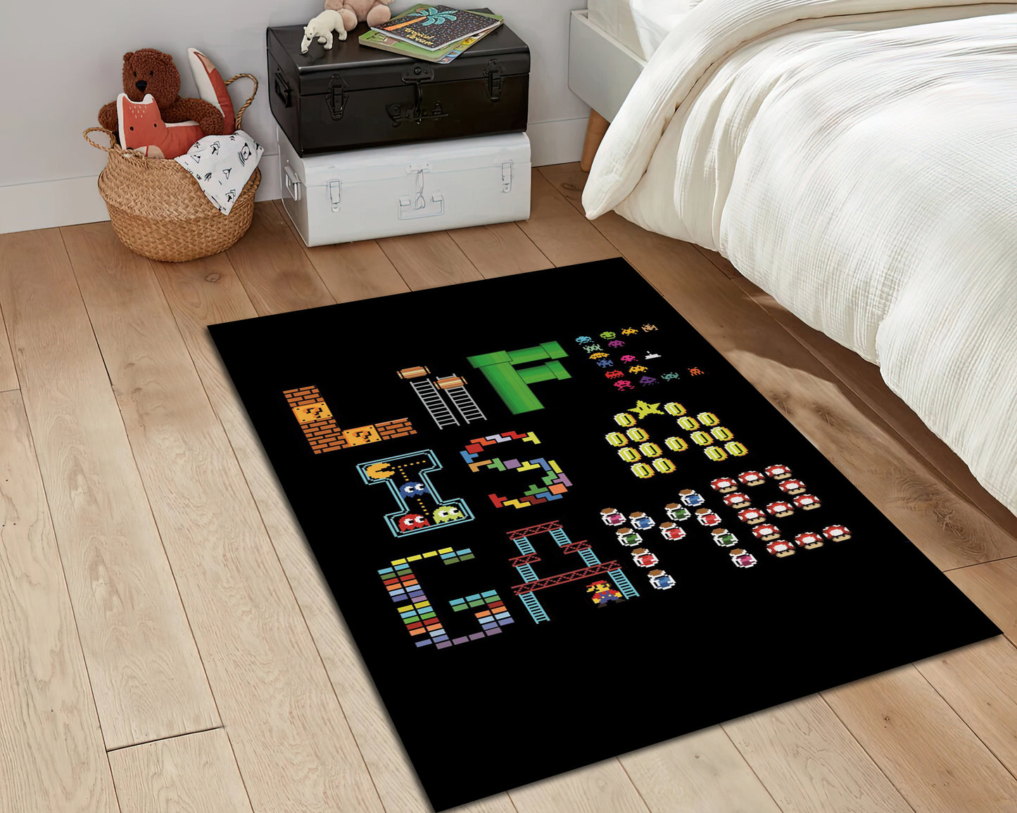 Black Video Game Rug, Life is a Game Carpet, Game Room Mat, Gaming Rug, Gift for Gamer