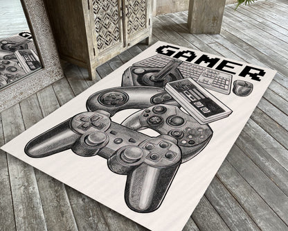 Game Controller Rug, Pencil Drawing Gamer Carpet, Game Room Mat, Gaming Decor, Gift for Gamer