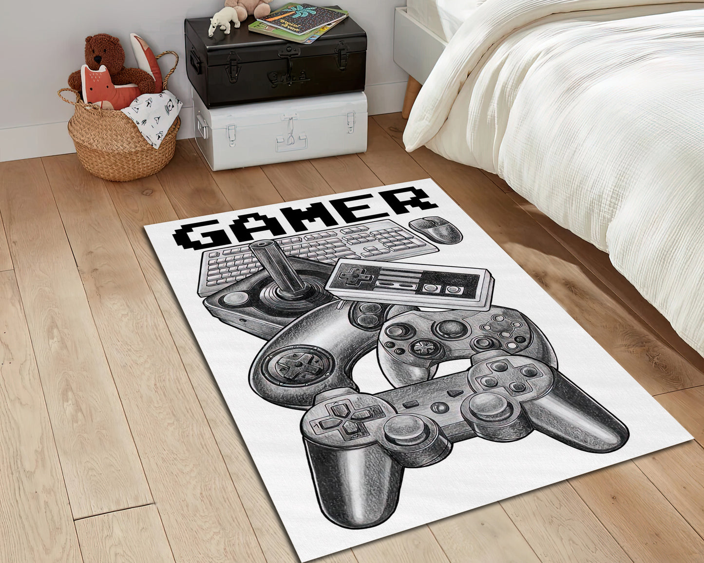 Game Controller Rug, Pencil Drawing Gamer Carpet, Game Room Mat, Gaming Decor, Gift for Gamer
