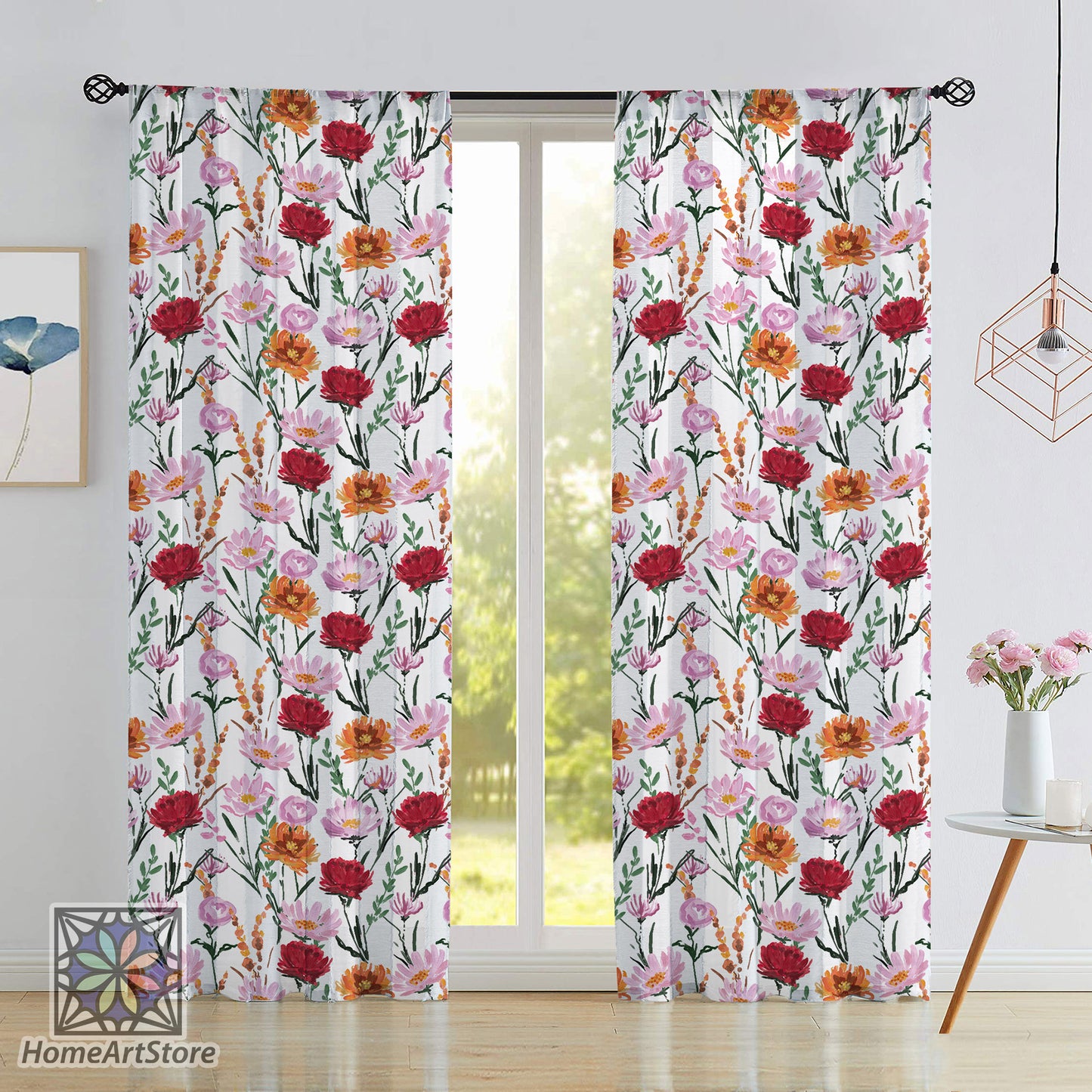 Garden Blooming Flowers Curtain, Floral Themed Curtain, Bohemian Decor, Colorful Kitchen Curtain