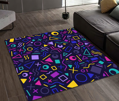 Geometric Arcade Game Rug, 90s Retro Style Gamer Carpet, Game Room Mat, Colorful Gaming Rug