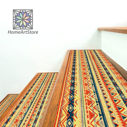 Geometric Shapes Pattern Stair Rugs, Tribal Stair Step Carpet, Motif Stair Step Mats, Modern Step Rugs