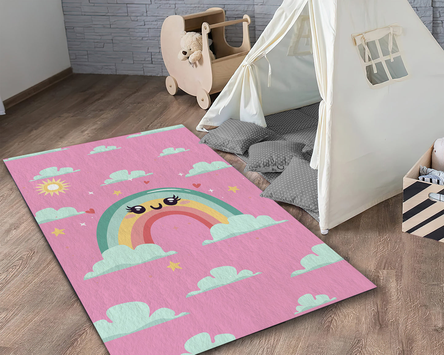 Kitty Cat Printed Rug, Children Room Decor, Rainbow Themed Carpet, Pink Baby Room Mat, New Born Baby Gift