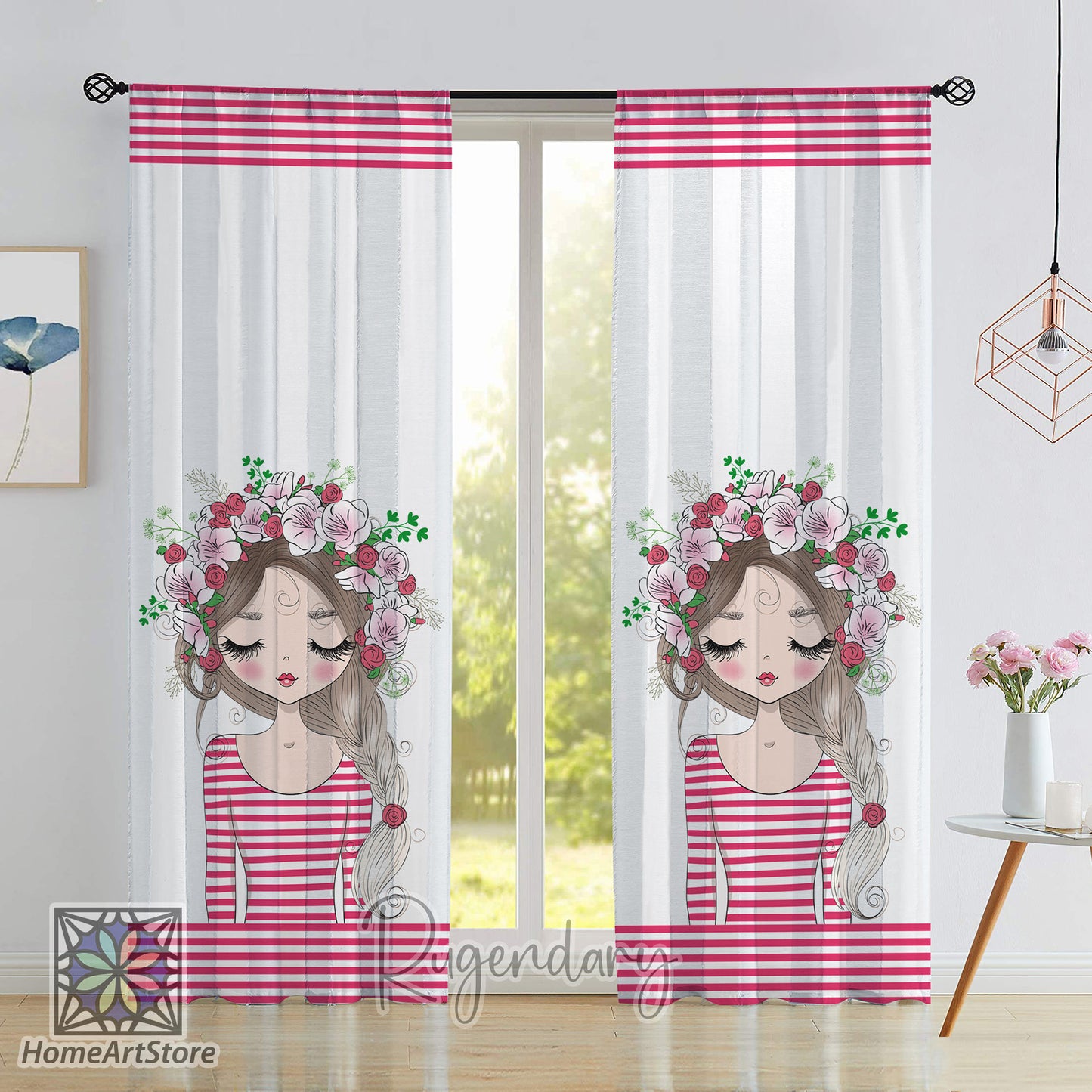 Cute Girl Themed Curtain, Floral Pattern Curtain, Baby Girl Room Decor, Flower Curtain, Nursery Curtain, Striped Curtain