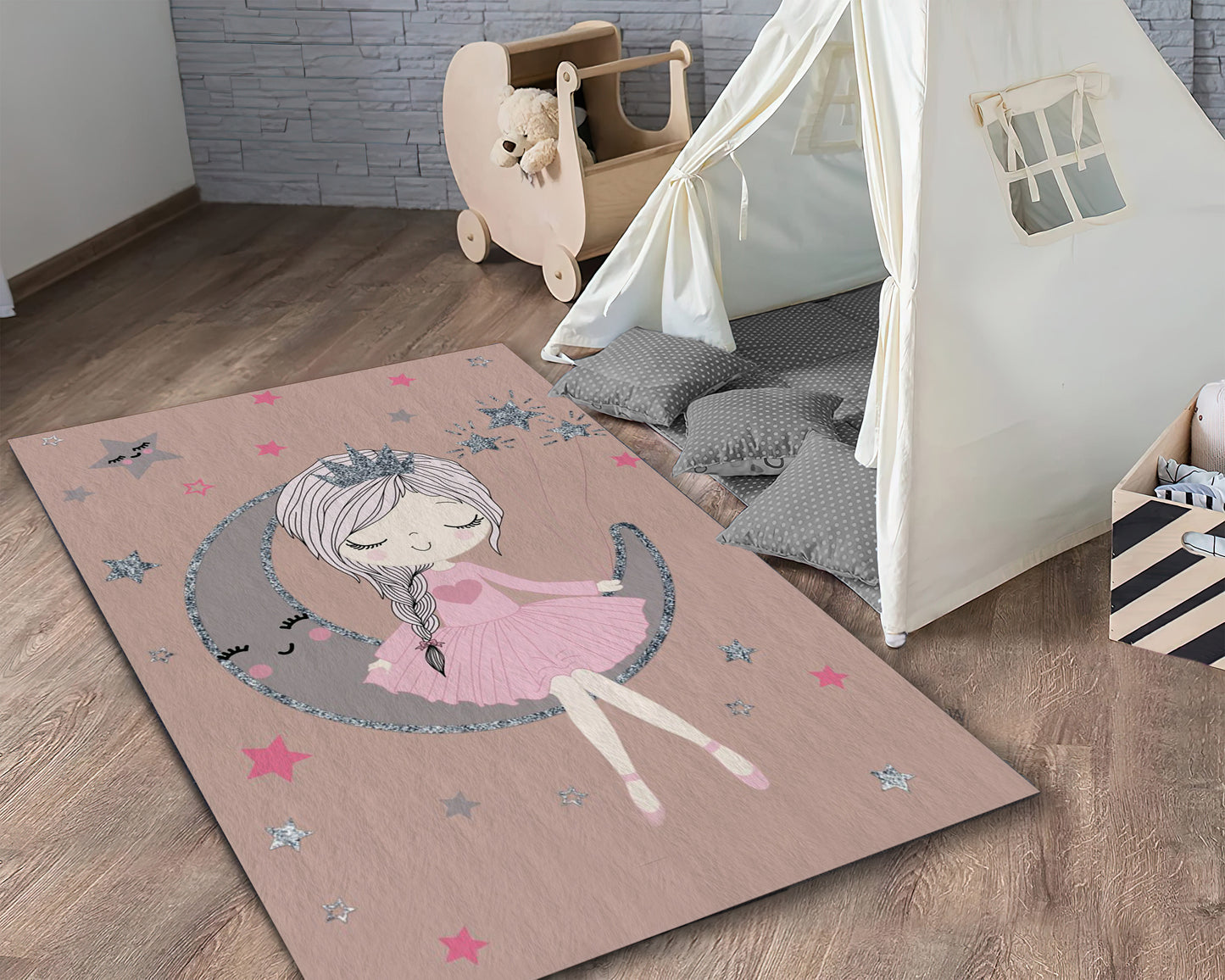 Princess Themed Rug, Moon and Star Carpet, Girl Room Decor, Nursery Rug, Baby Room Mat