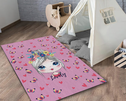 Blonde Cartoon Girl Printed Rug, Girl Room Mat, Butterfly Pattern Carpet, Pink Nursery Rug, Playroom Decor