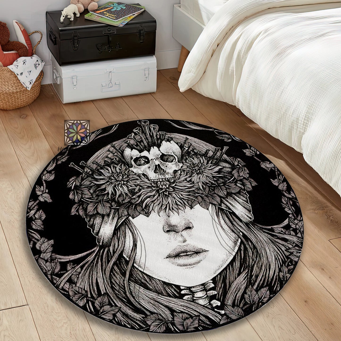 Black Girl With Skull Rug, Gothic Girl Carpet, Vintage Horror Round Mat, Scary Decor, Gothic Room Rug