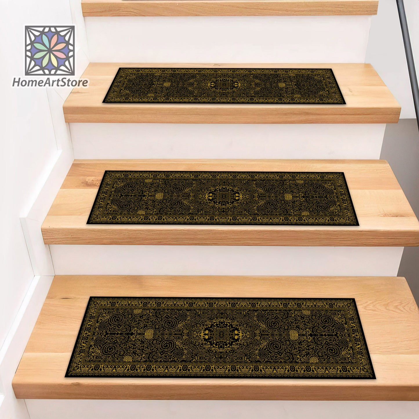 Scandinavian Stair Mats, Black and Gold Boho Style Stair Rugs, Cool Stair Tread Carpet, Nonslip Backing Step Rugs