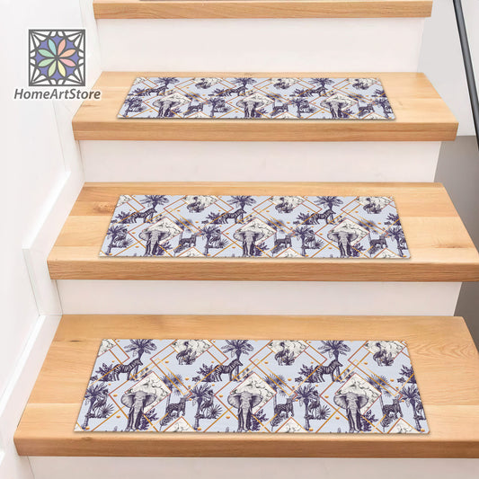 Jungle Animal Pattern Stair Rugs, Gold Color Modern Stair Carpet, Animal Stair Tread Mats, Elephant, Zebra, Tiger