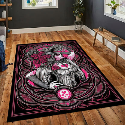Pink Gothic Gril Rug, Skull Carpet, Horror Decor, Pink Rose Mat, Gothic Room Rug
