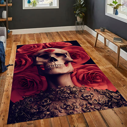 Skull Themed Rug, Red Rose Gothic Carpet, Horror Mat, Gothic Room Decor, Scary Rug