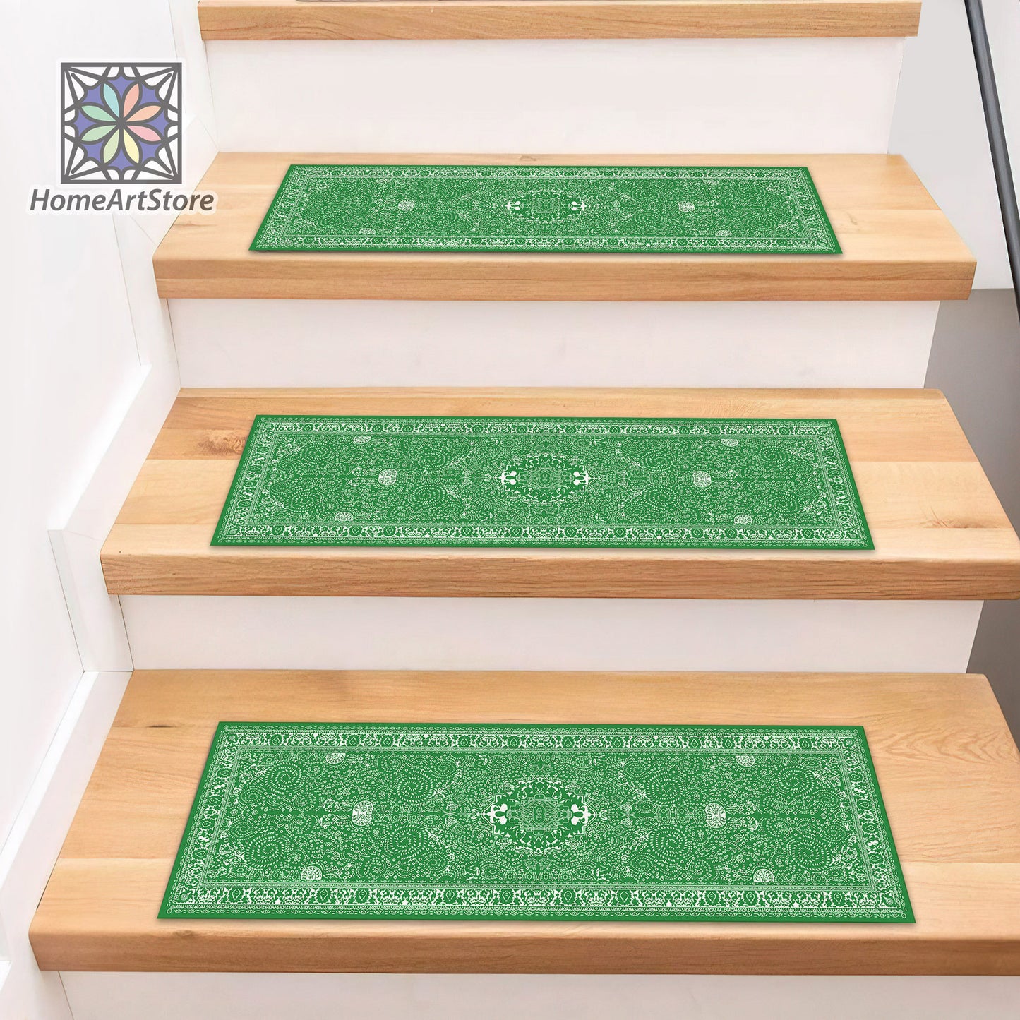 Green Scandinavian Stair Rugs, Boho Style Stair Mats, Cool Stair Tread Carpet, Nonslip Backing Modern Step Rugs