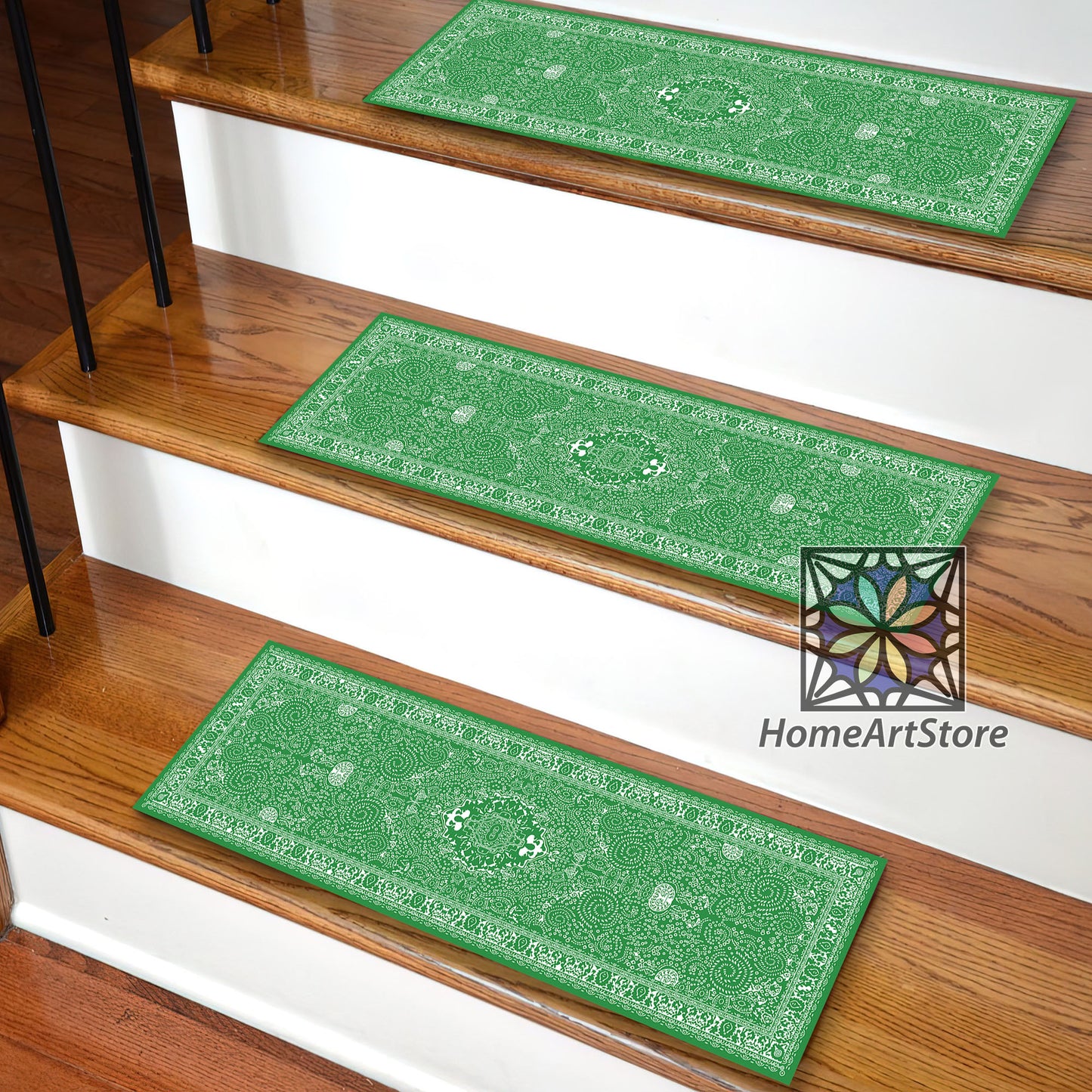 Green Scandinavian Stair Rugs, Boho Style Stair Mats, Cool Stair Tread Carpet, Nonslip Backing Modern Step Rugs