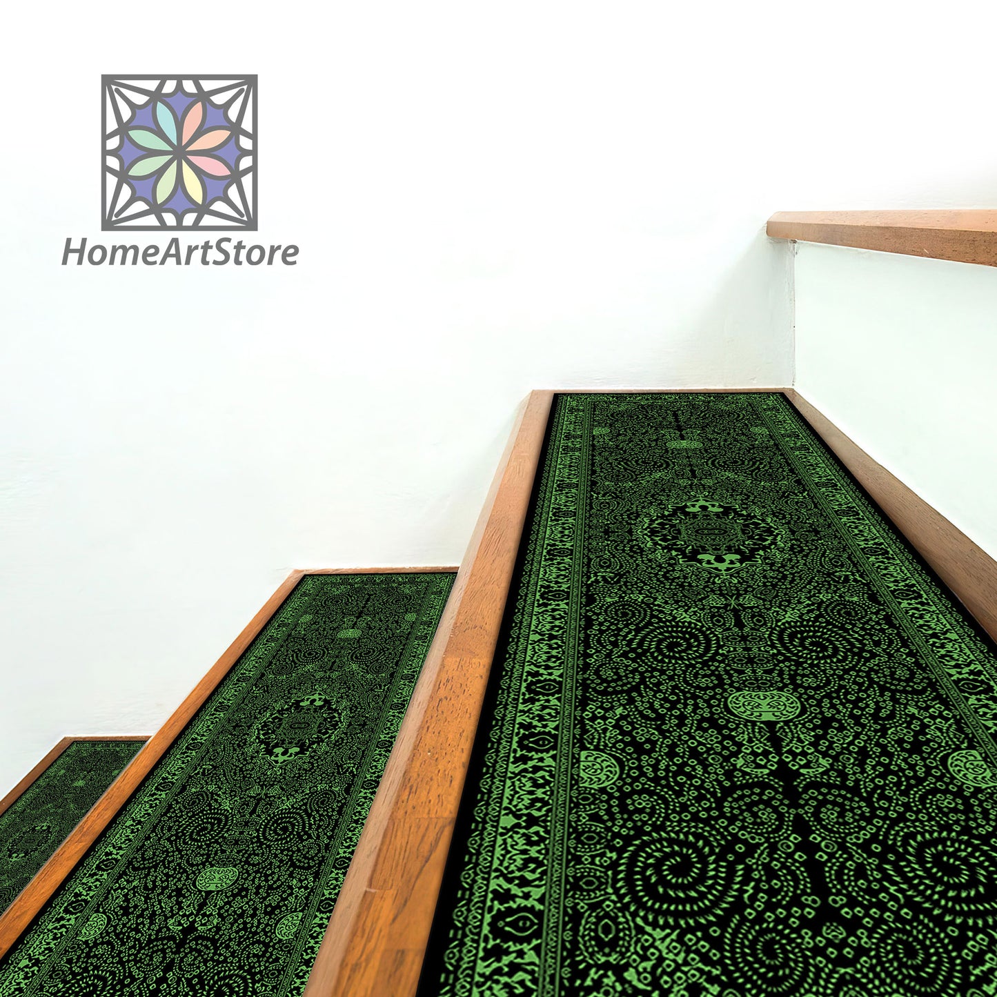 Green and Black Scandinavian Stair Rugs, Boho Style Decor, Bohemian Themed Stair Mats, Nonslip Modern Step Carpet