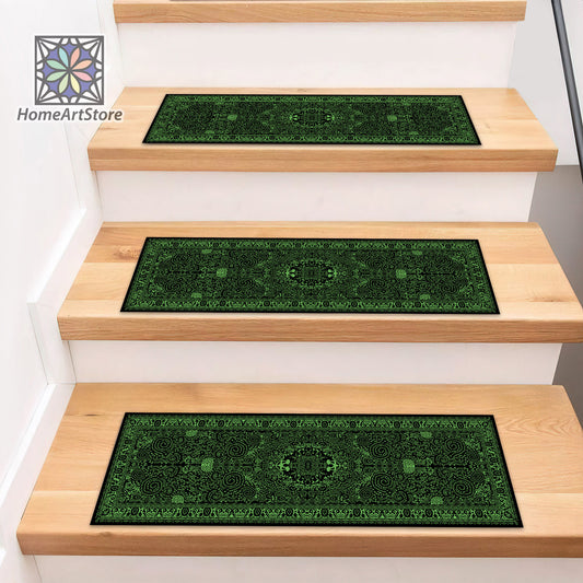 Green and Black Scandinavian Stair Rugs, Boho Style Decor, Bohemian Themed Stair Mats, Nonslip Modern Step Carpet