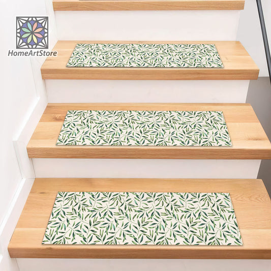 Green Leaves Pattern Stair Rugs, Botanical Stair Step Mats, Tropical Carpet, Summer House Decor, Cool Stair Rug
