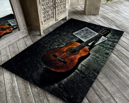 Vintage Guitar Rug, Music Room Carpet, Music Art Mat, Nostalgic Guitar Design, Classic Instrument Carpet