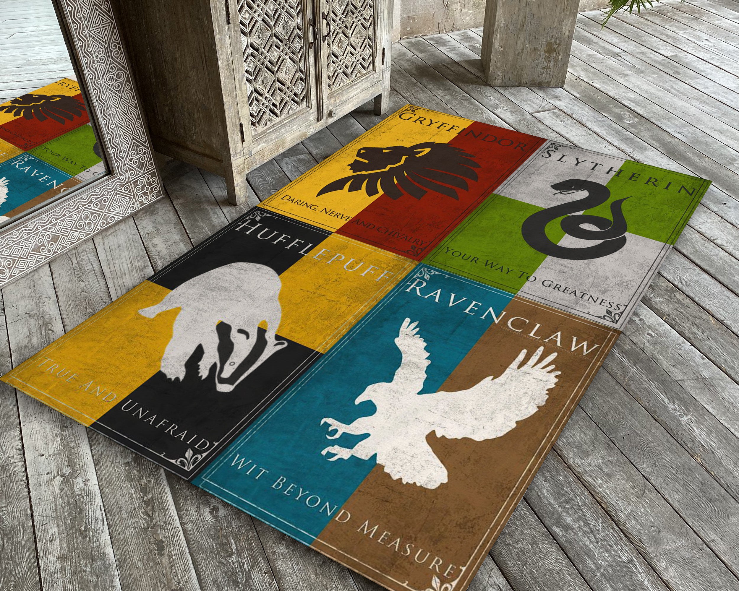 Vintage Harry Potter Rug, Fantastic Movie Mat, Gryffindor, Hufflepuff ...